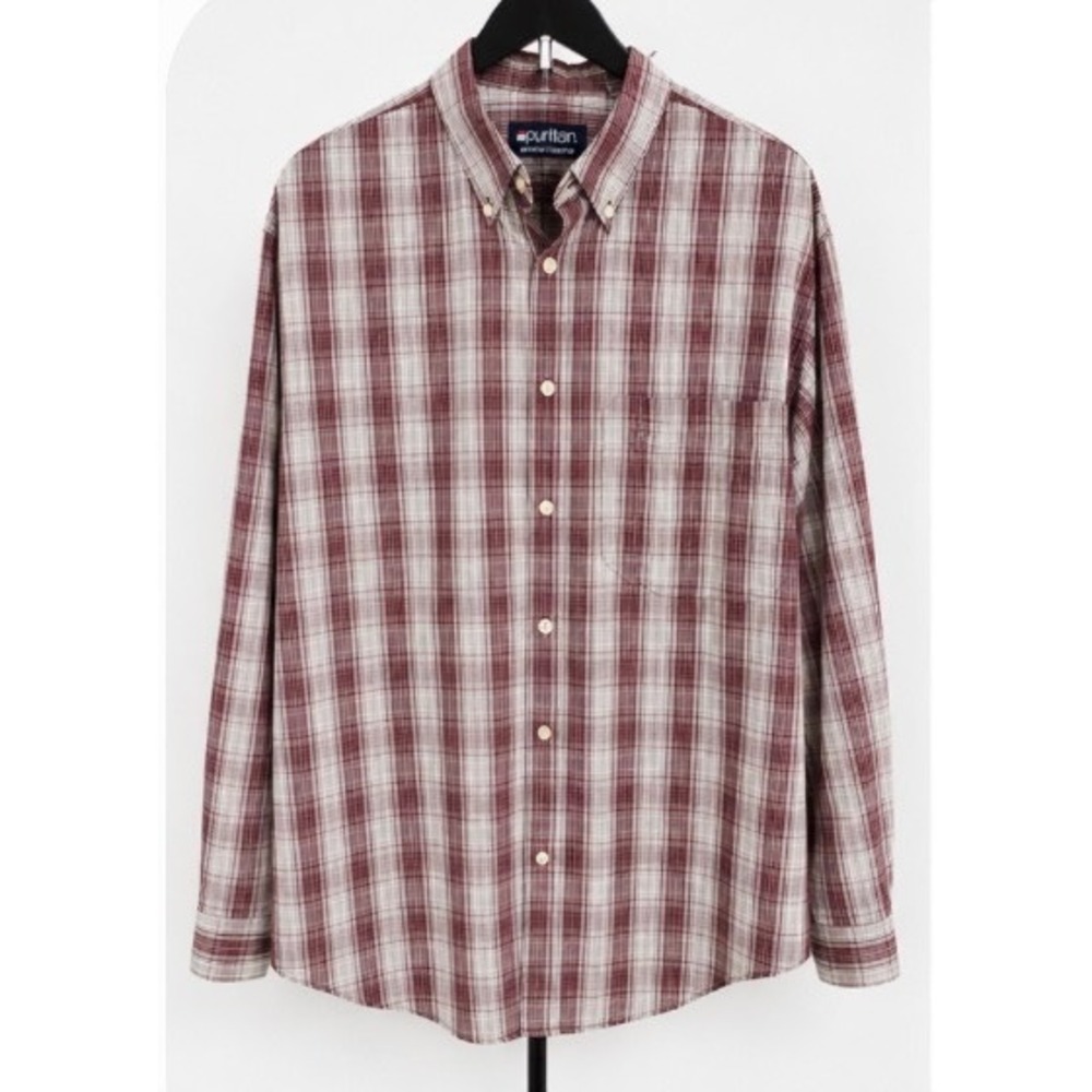 Puritan Mens Large Bordeaux Red Plaid Button Down Shirt Wrinkle Resistant L Long